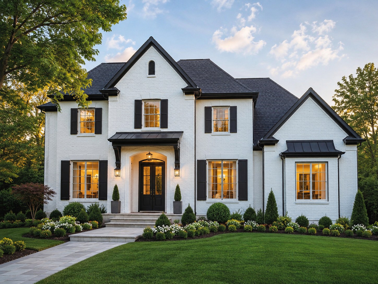 Freshly painted home exterior with deep green siding and white trim